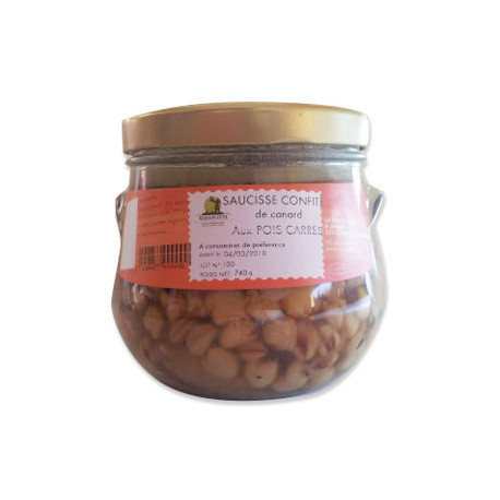 Saucisses confites aux pois carrés