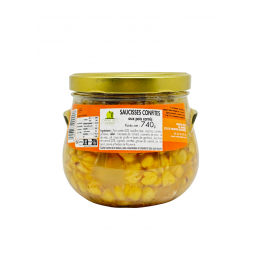 Saucisses confites aux pois carrés