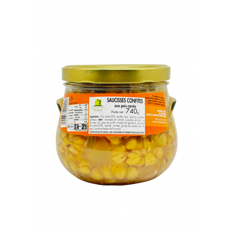 Saucisses confites aux pois carrés