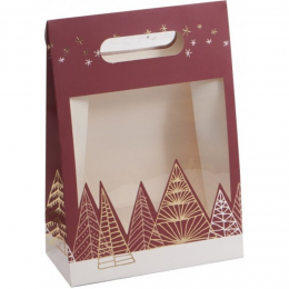 SAC CARTON ROUGE AVEC FENETRE DECO SAPINS/DORURE